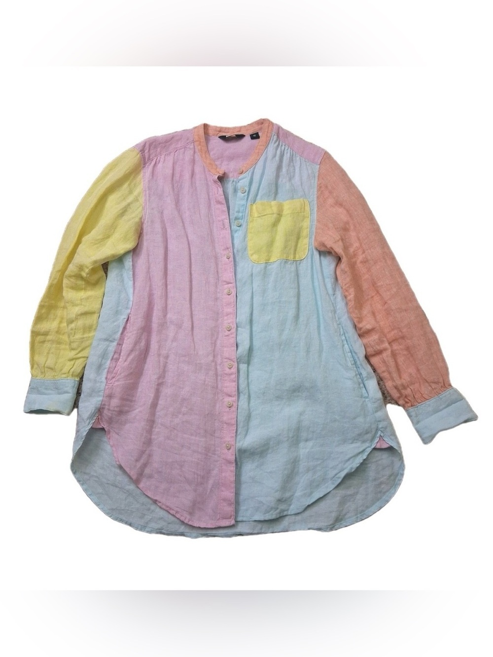 Lands’ End Linen Colorblock Tunic Shirt Pastel Coastal Dopamine Button Up S 6-8